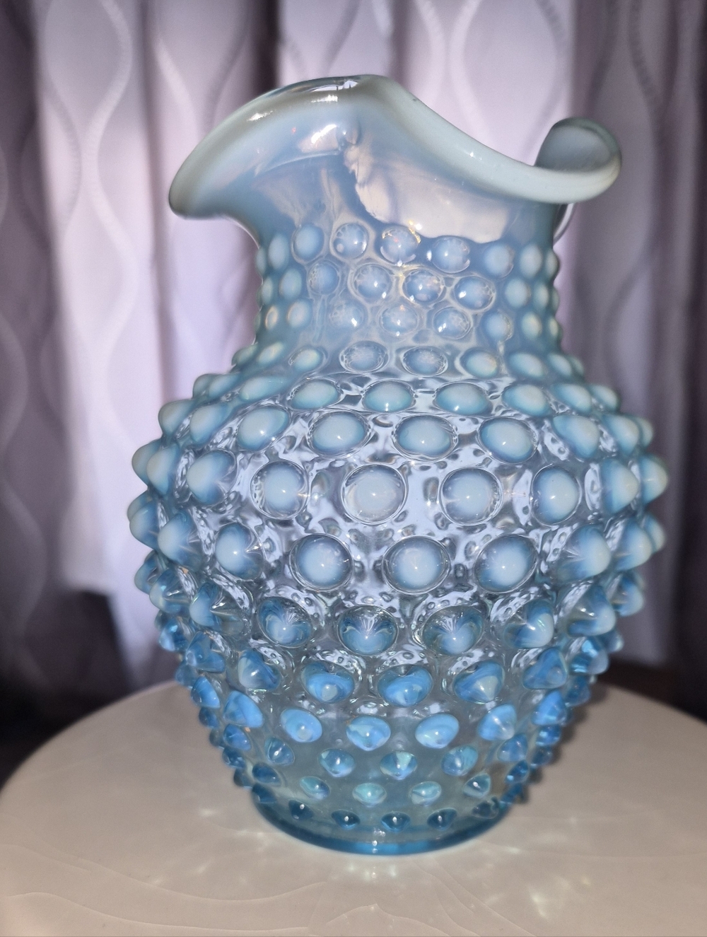 ​Vintage Fenton Blue Opalescent Hobnail Ruffled Vase 5.5" - Single Chip
